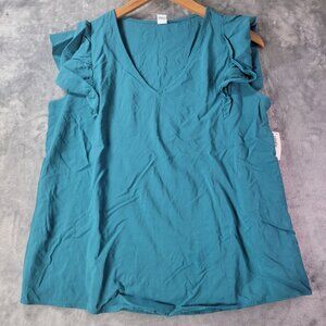 Old Navy Womens Ruffle Sleeve V Neck Top S Teal Casual Everyday Workwear Vibes